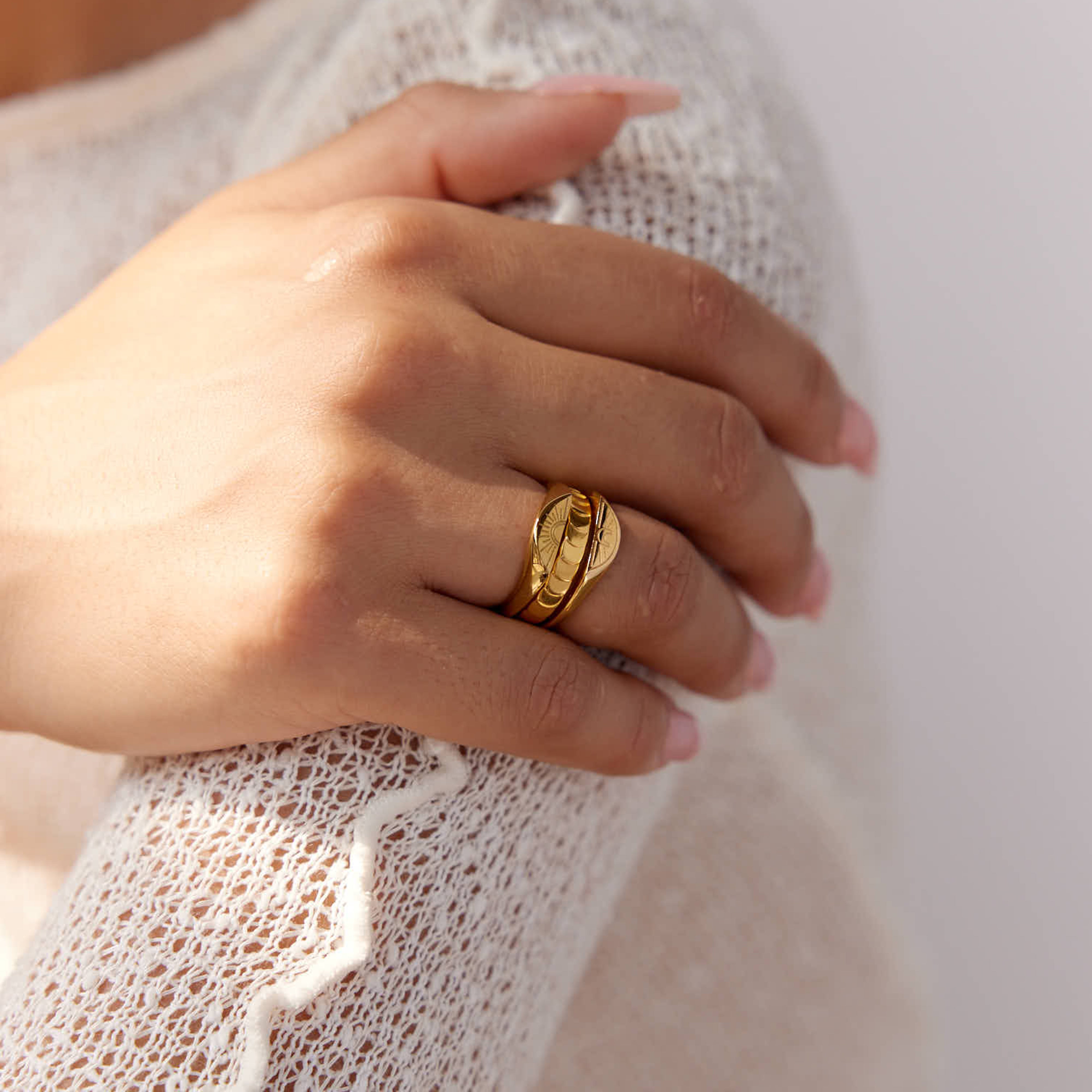 Sunrise & Moon Signet Ring Set in 18K Gold Plated