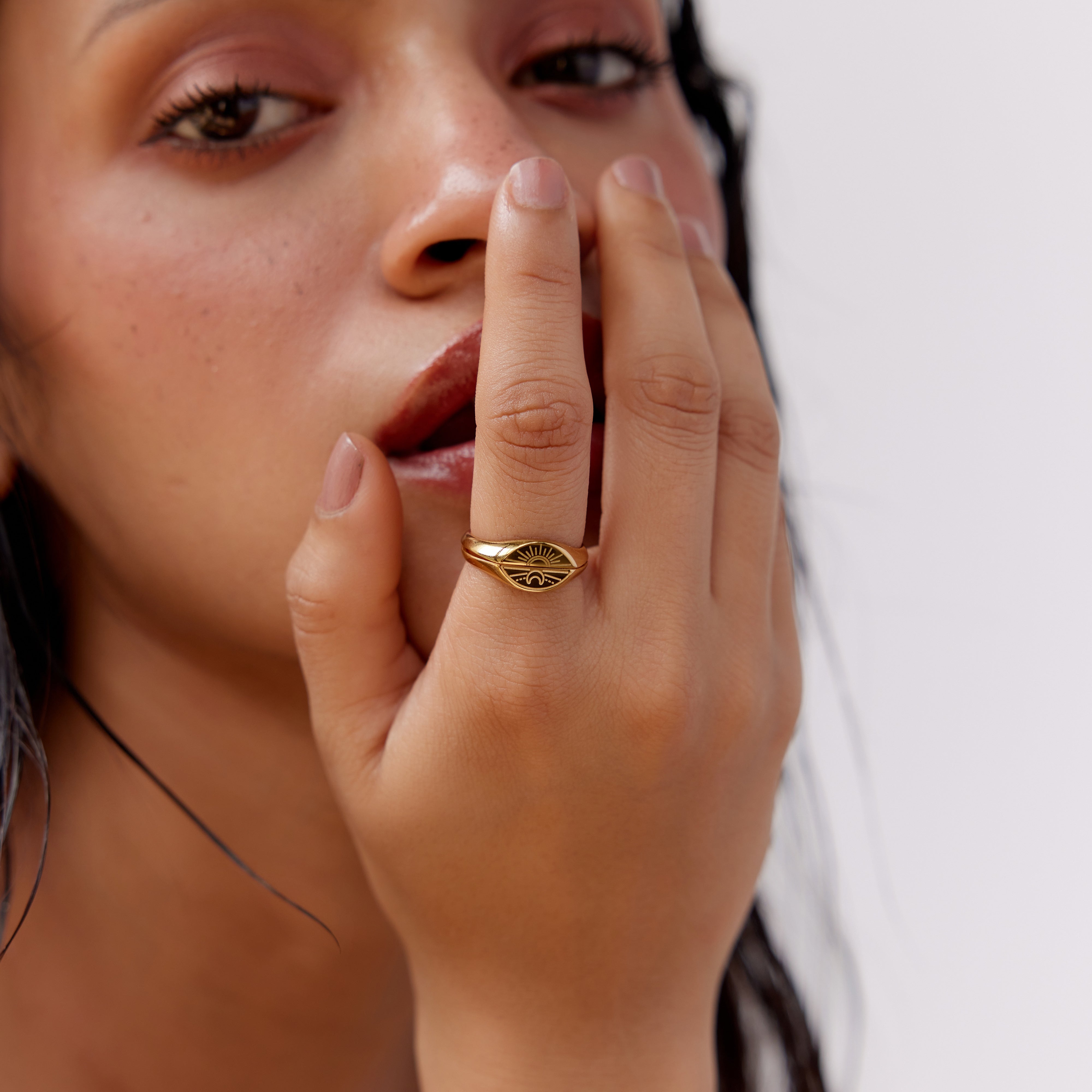 Sunrise & Moon Signet Ring Set in 18K Gold Plated