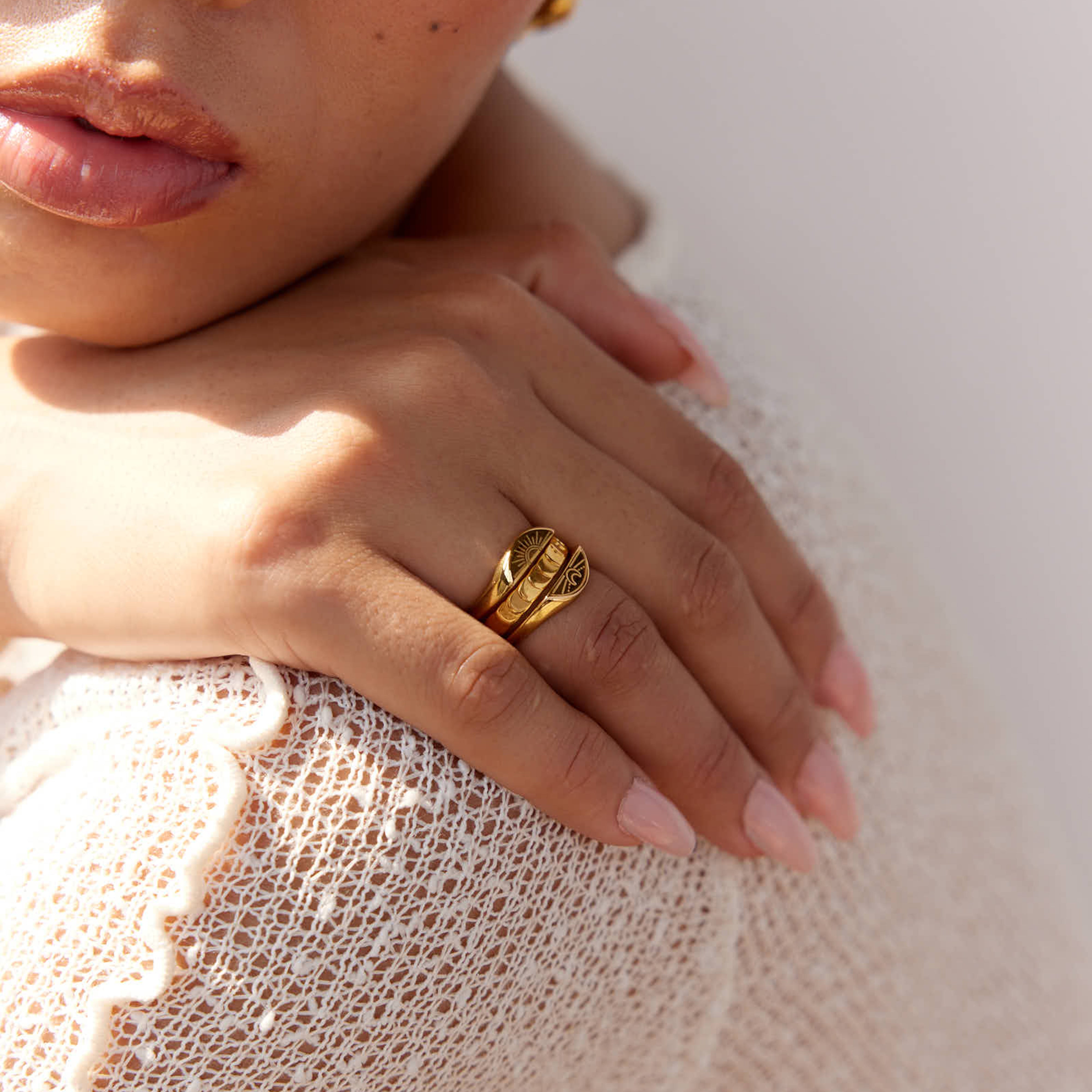 Sunrise & Moon Signet Ring Set in 18K Gold Plated